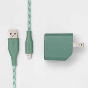 New Heyday 2 Port Wall Charger 15W USB-C & 5W USB-A 6' Lightning Cable Evergreen
